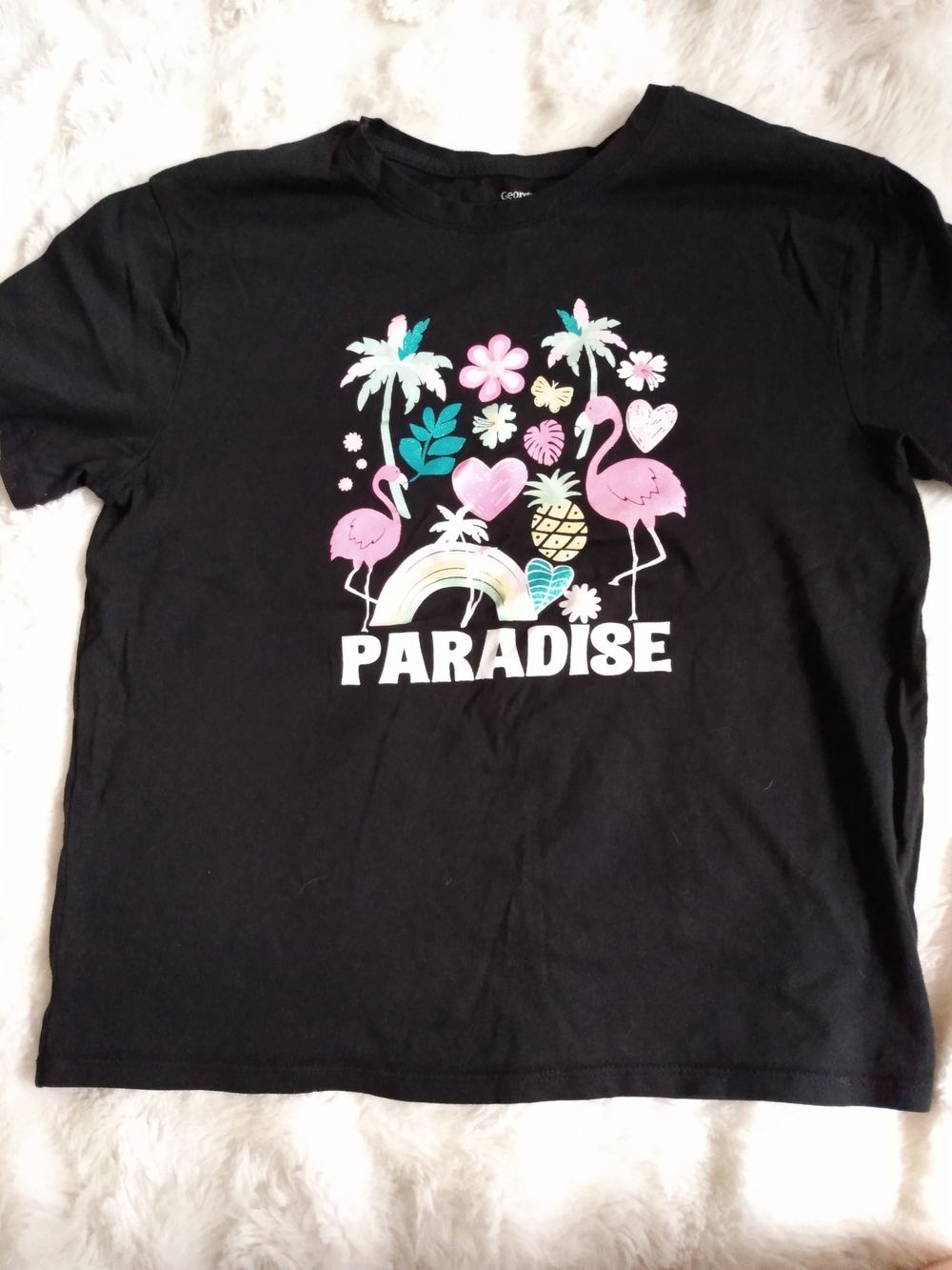 George Black Tee with Pink Flamingos & Multicolor Tropical Print